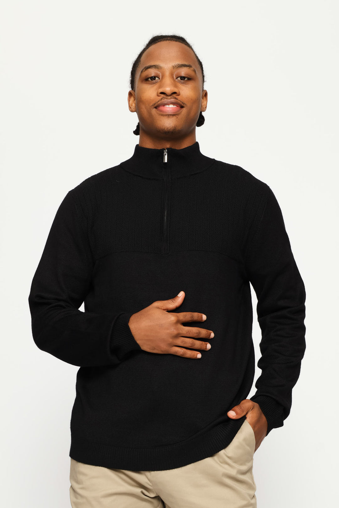 Textured Detail Quarter Zip Knit Poloneck - Black