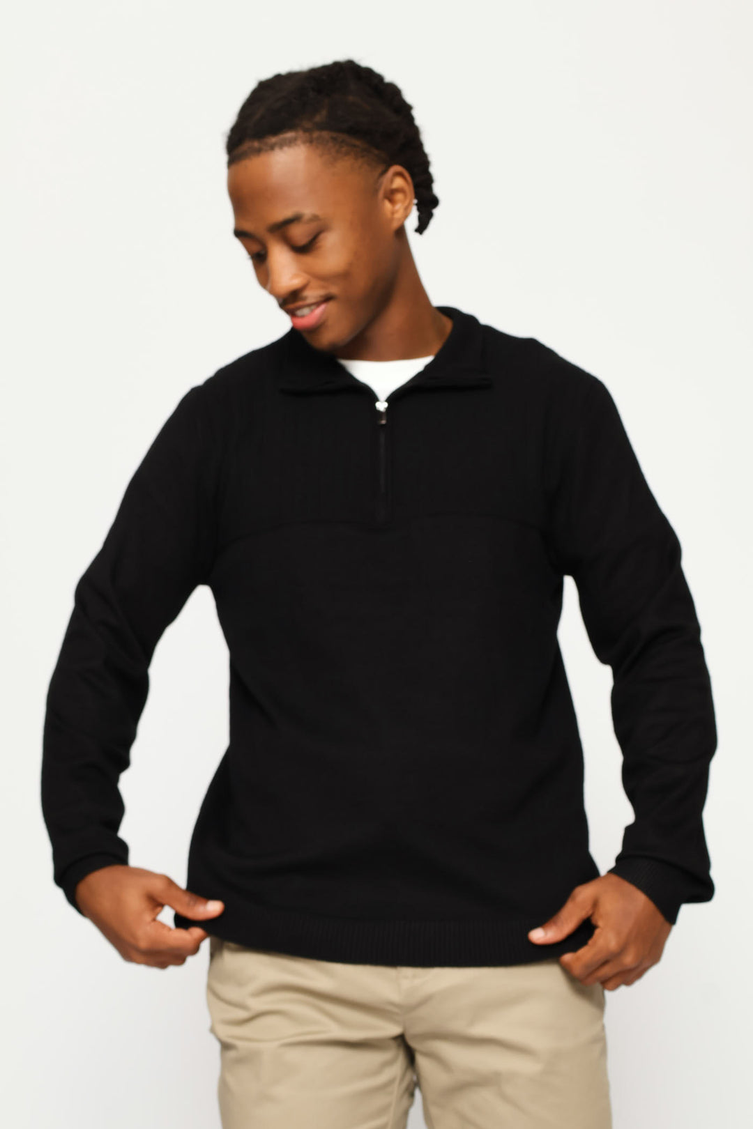 Textured Detail Quarter Zip Knit Poloneck - Black