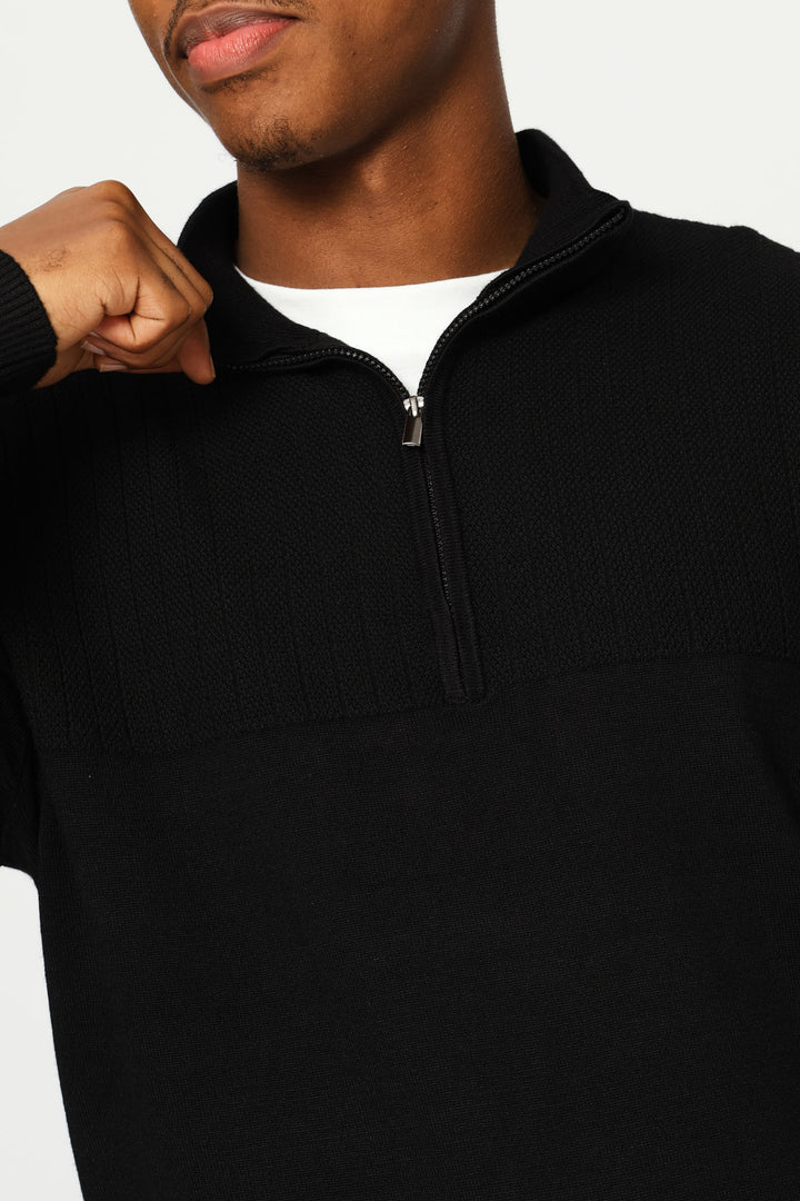 Textured Detail Quarter Zip Knit Poloneck - Black