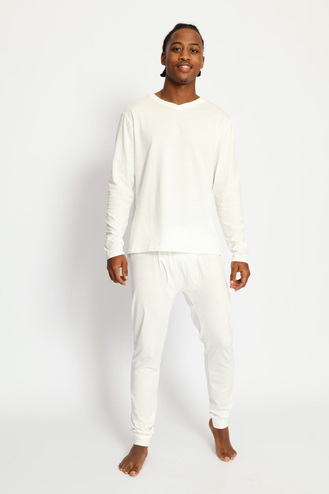 Long Sleeve Cotton Thermal V-Neck T-Shirt - White