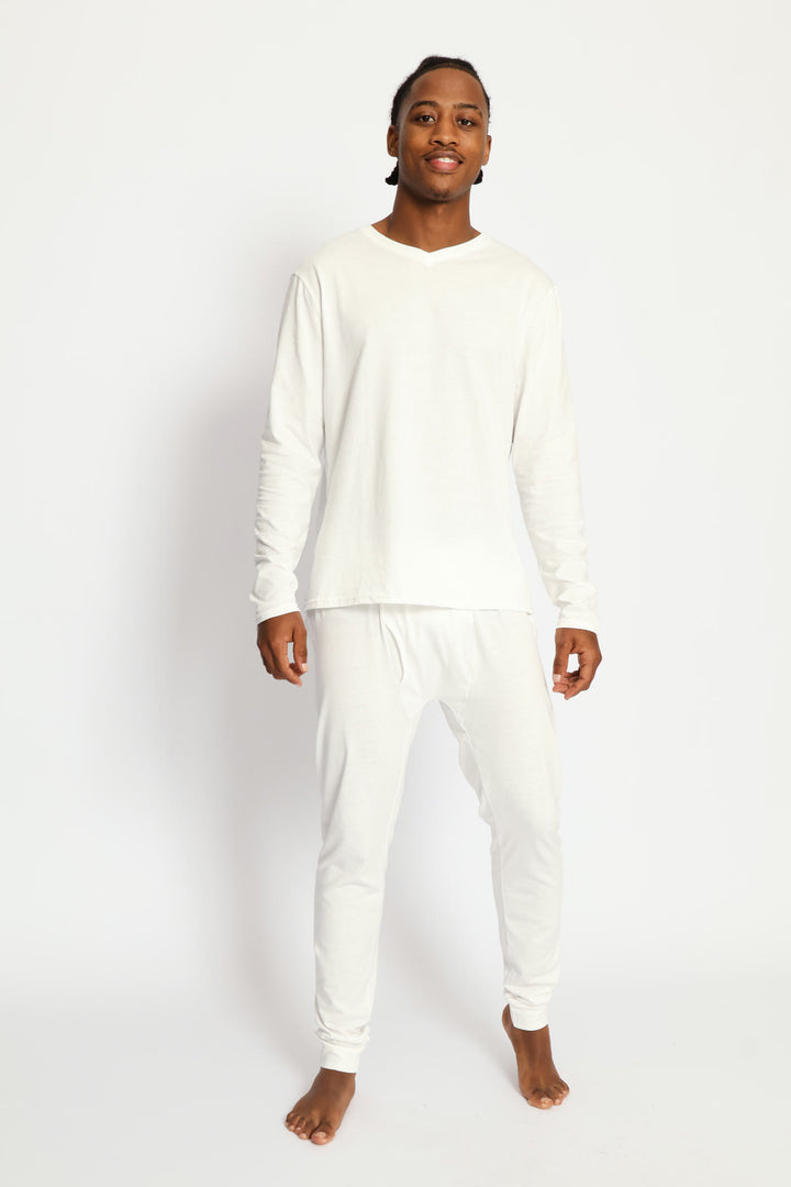Long Sleeve Cotton Thermal V-Neck T-Shirt - White