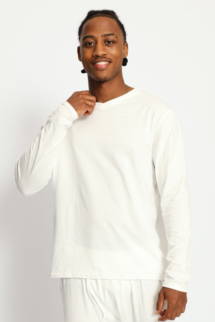 Long Sleeve Cotton Thermal V-Neck T-Shirt - White