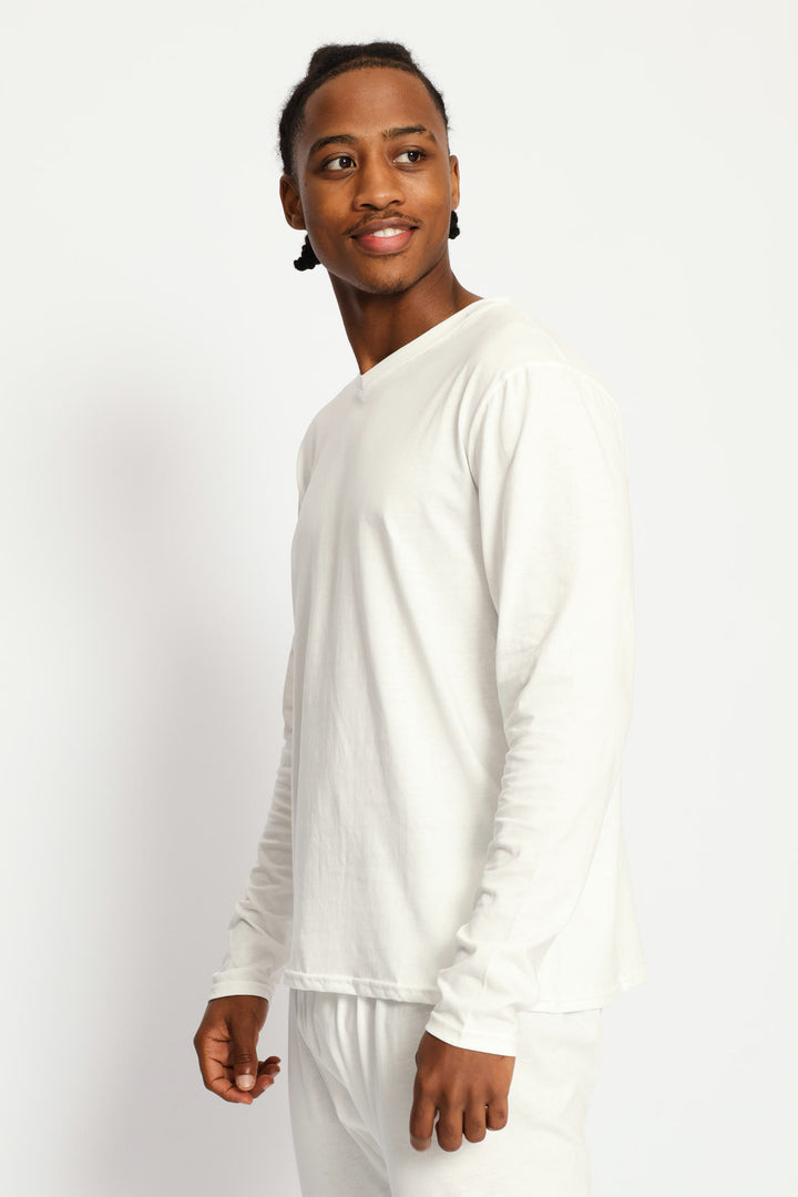 Long Sleeve Cotton Thermal V-Neck T-Shirt - White