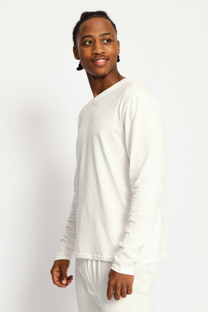 Long Sleeve Cotton Thermal V-Neck T-Shirt - White
