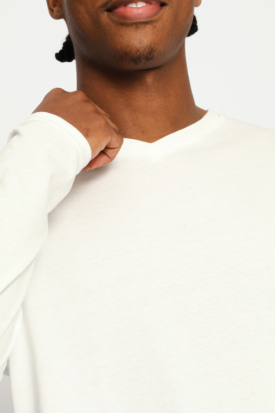 Long Sleeve Cotton Thermal V-Neck T-Shirt - White