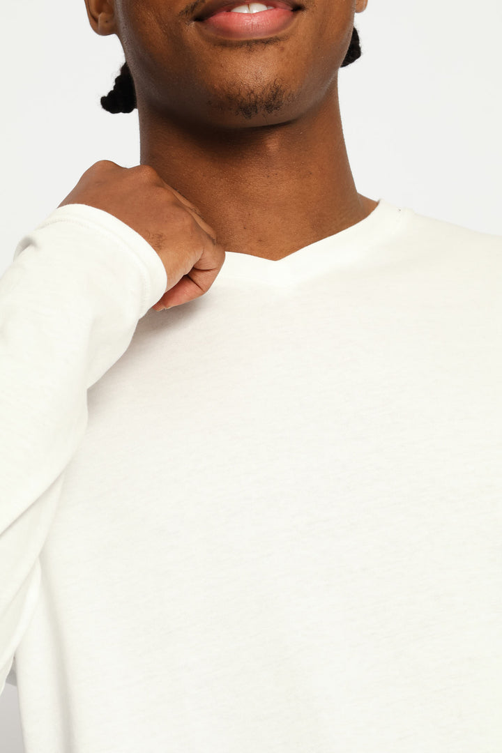Long Sleeve Cotton Thermal V-Neck T-Shirt - White