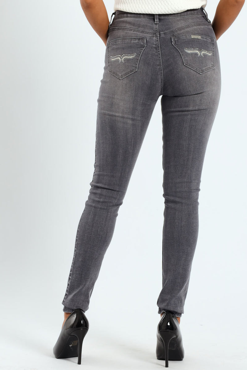 Mid Waist Skinny Jean With Horn Embroidery On Pockets - Grey