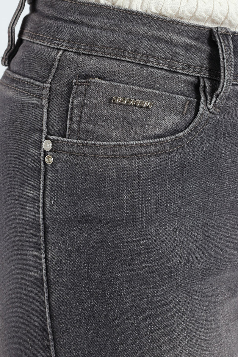 Mid Waist Skinny Jean With Horn Embroidery On Pockets - Grey