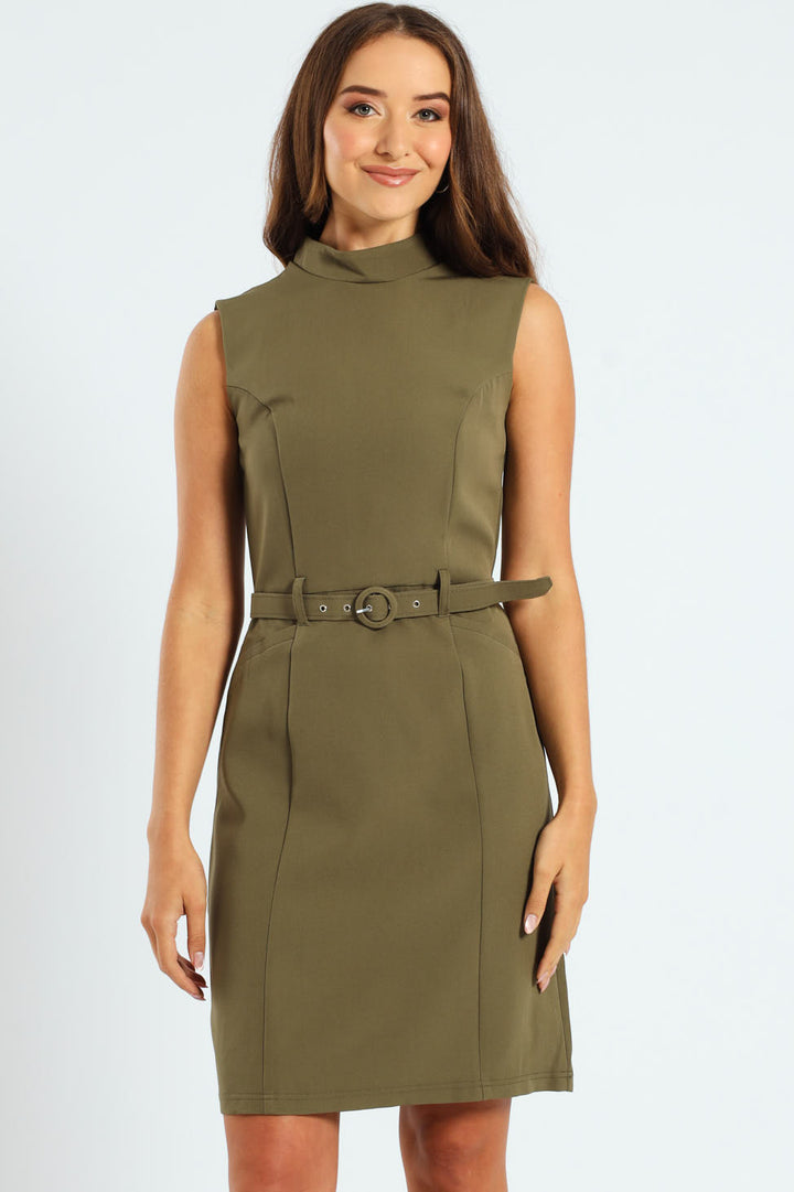 Hi-Neck Belted Pencil Dress