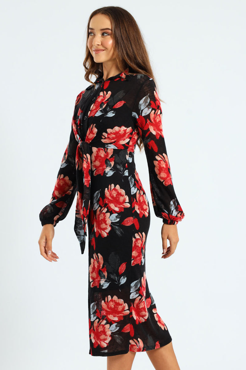 Tie Front Cut & Sew Shirt Midaxi Dress
