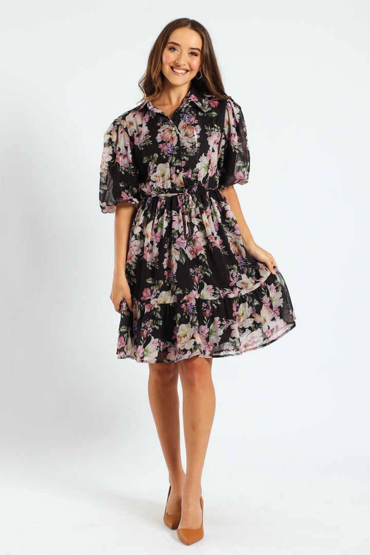 Puff Sleeve Waisted Tea Dress
