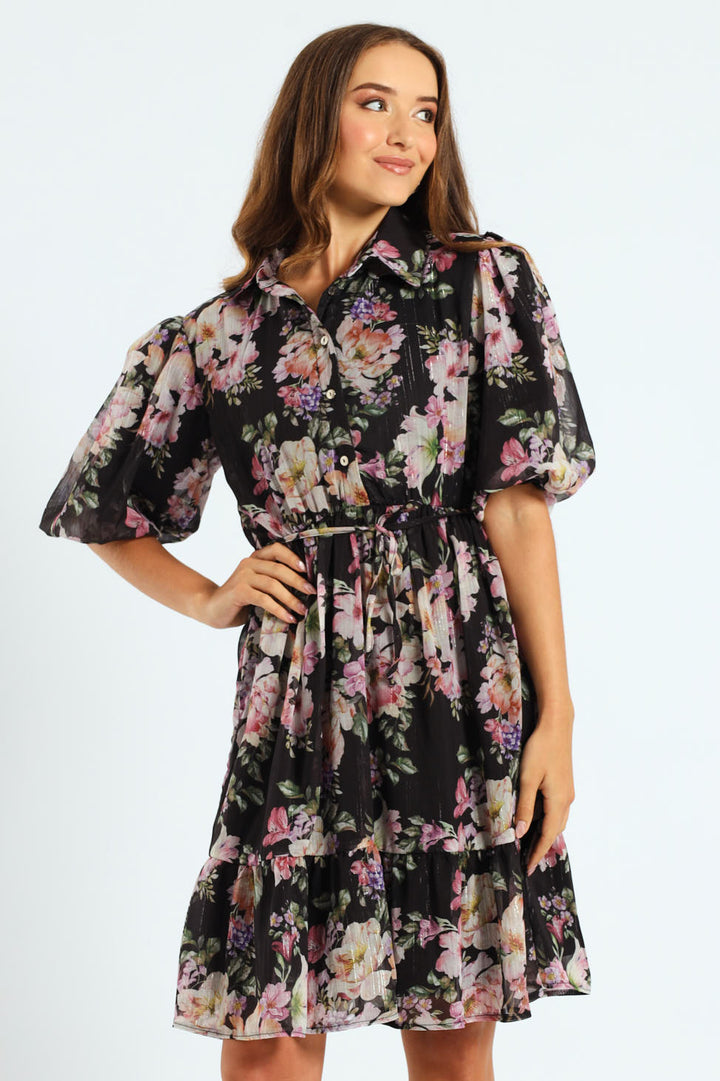 Puff Sleeve Waisted Tea Dress