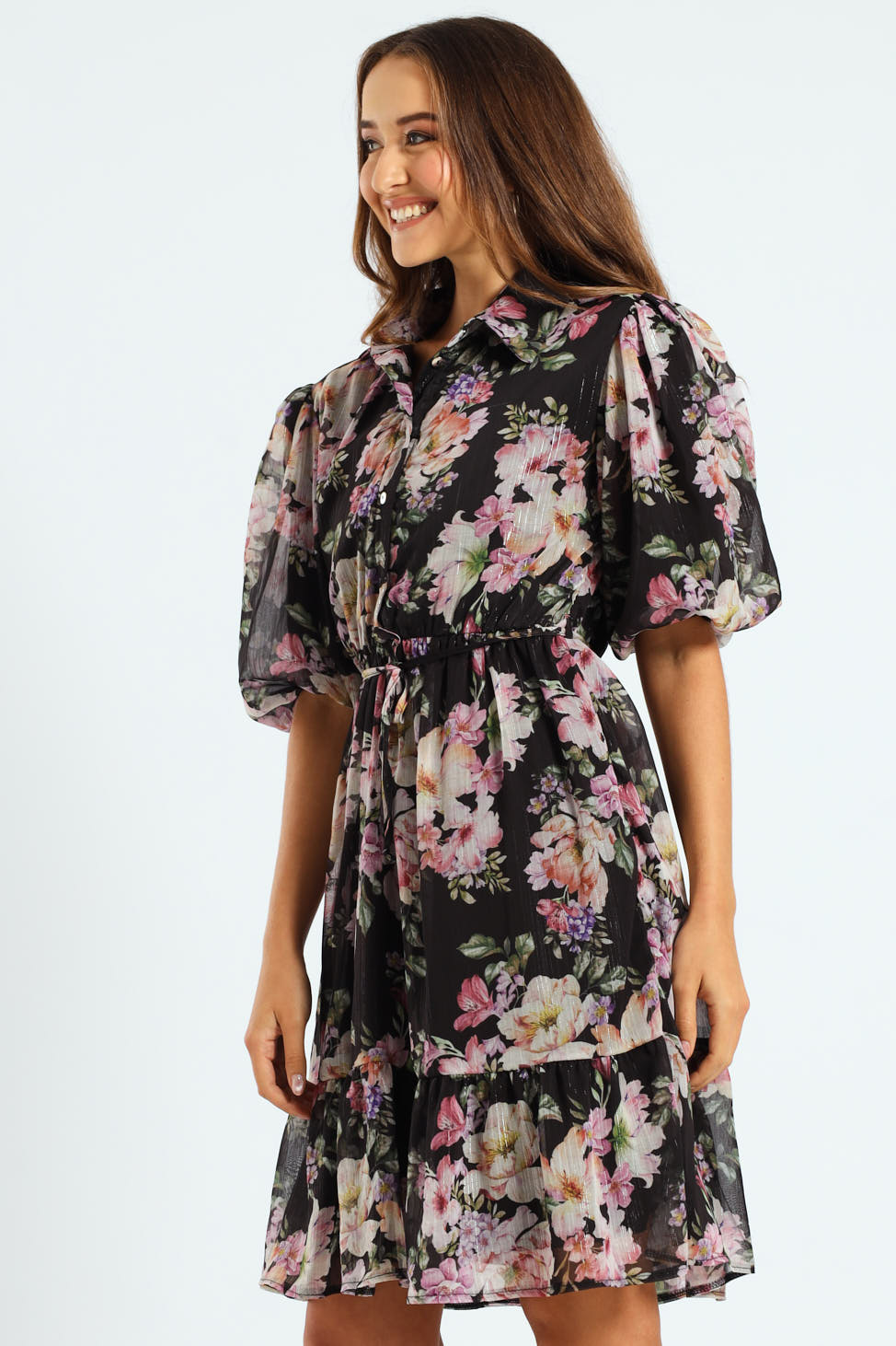 Puff Sleeve Waisted Tea Dress