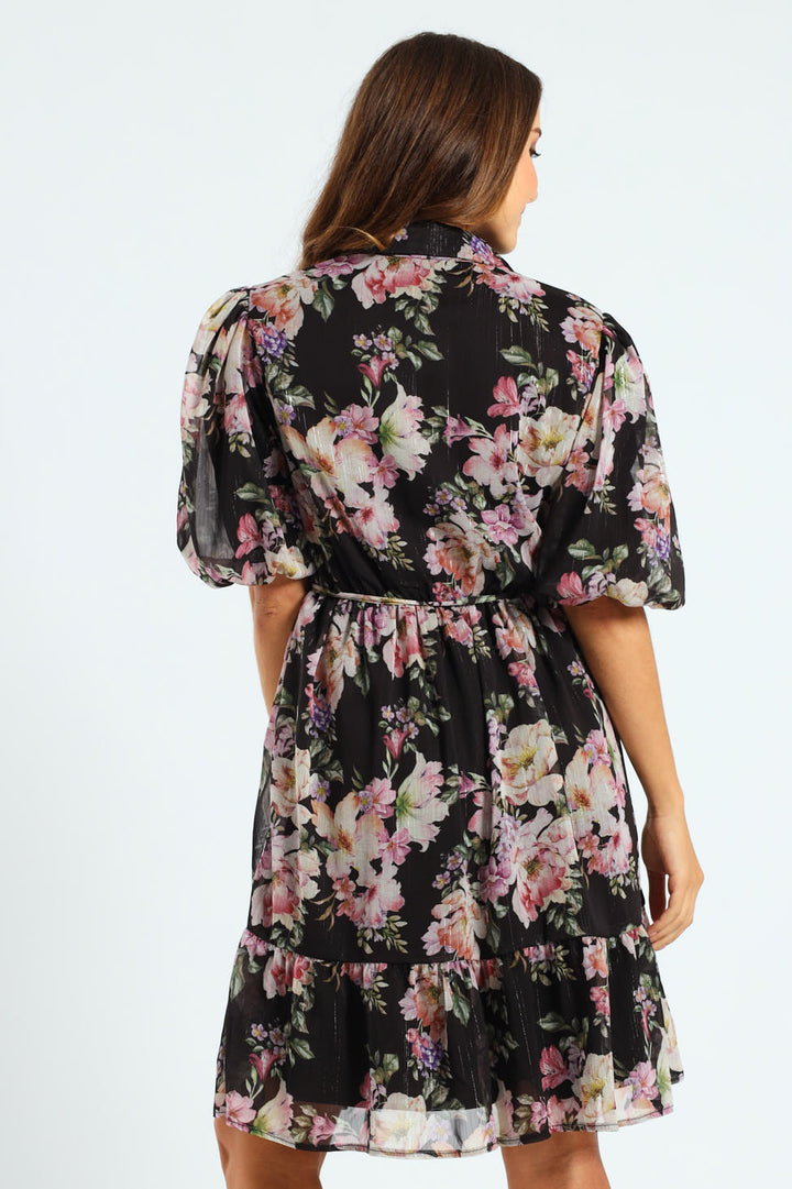 Puff Sleeve Waisted Tea Dress