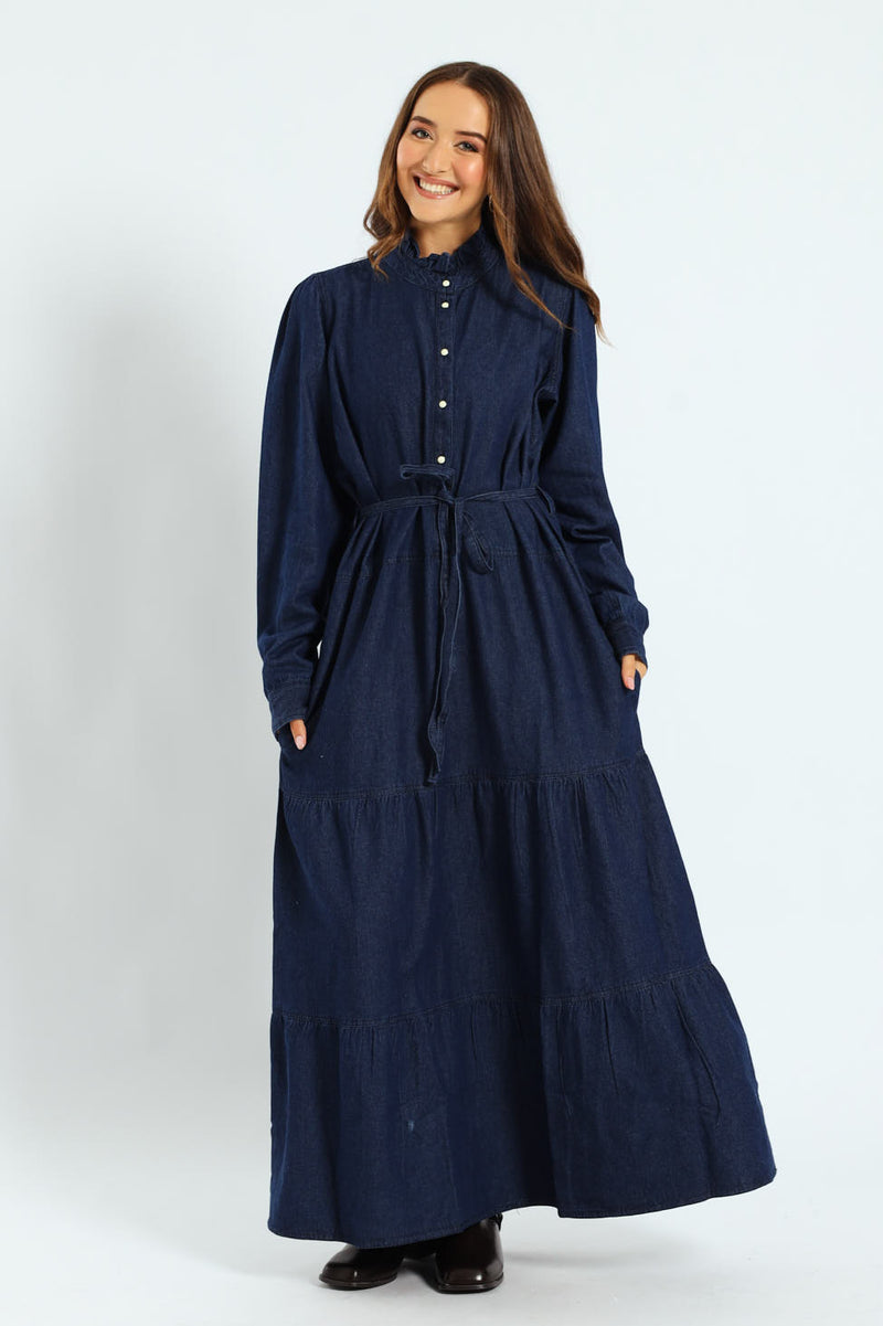Frill Neck Tiered Belted Maxi Dress