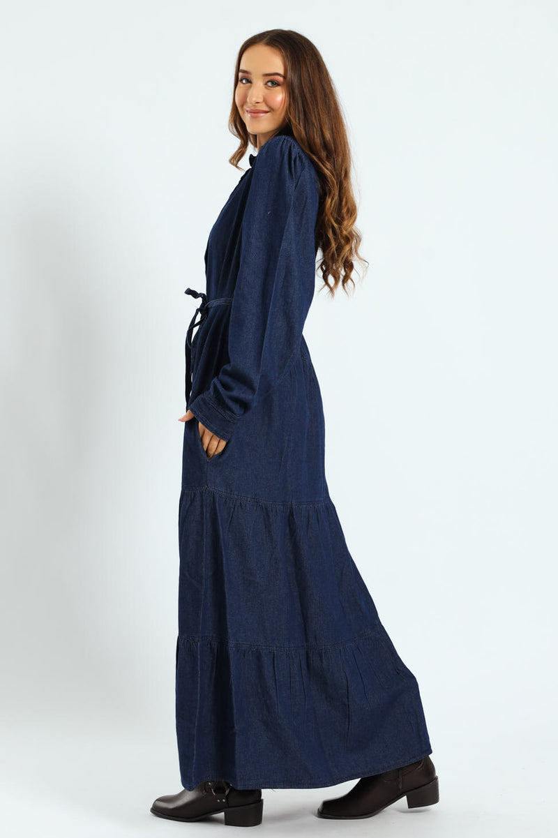 Frill Neck Tiered Belted Maxi Dress