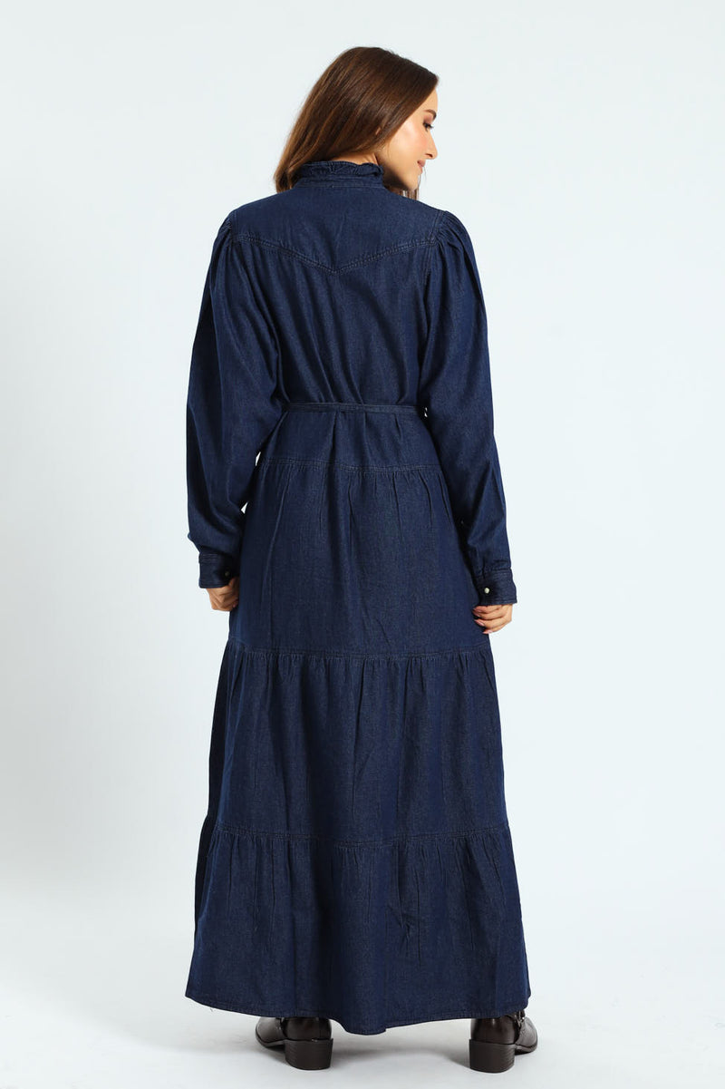 Frill Neck Tiered Belted Maxi Dress