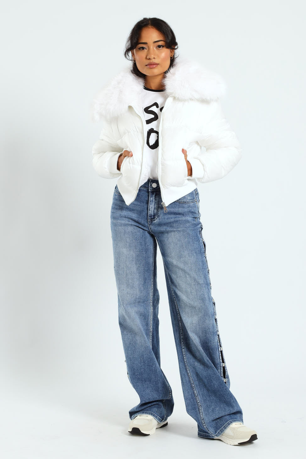 Roll With It Puffer Jacket With Fur Collar - White