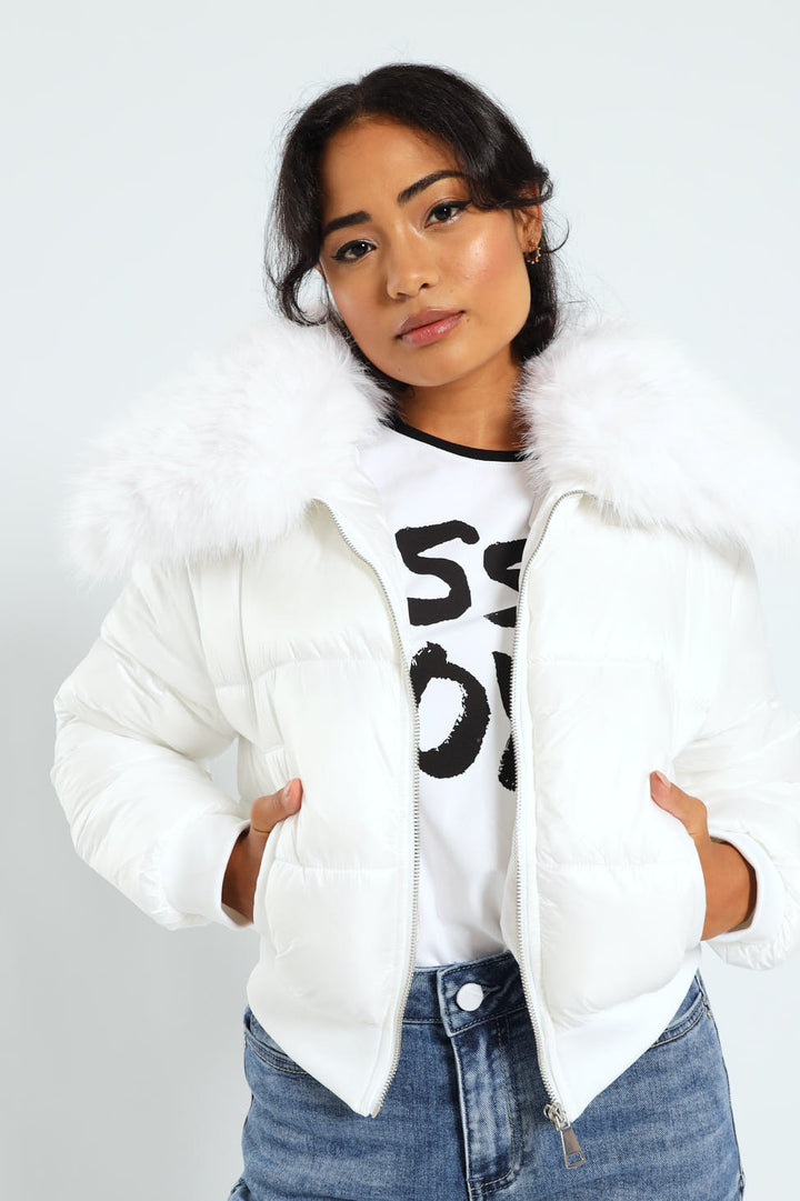 Roll With It Puffer Jacket With Fur Collar - White