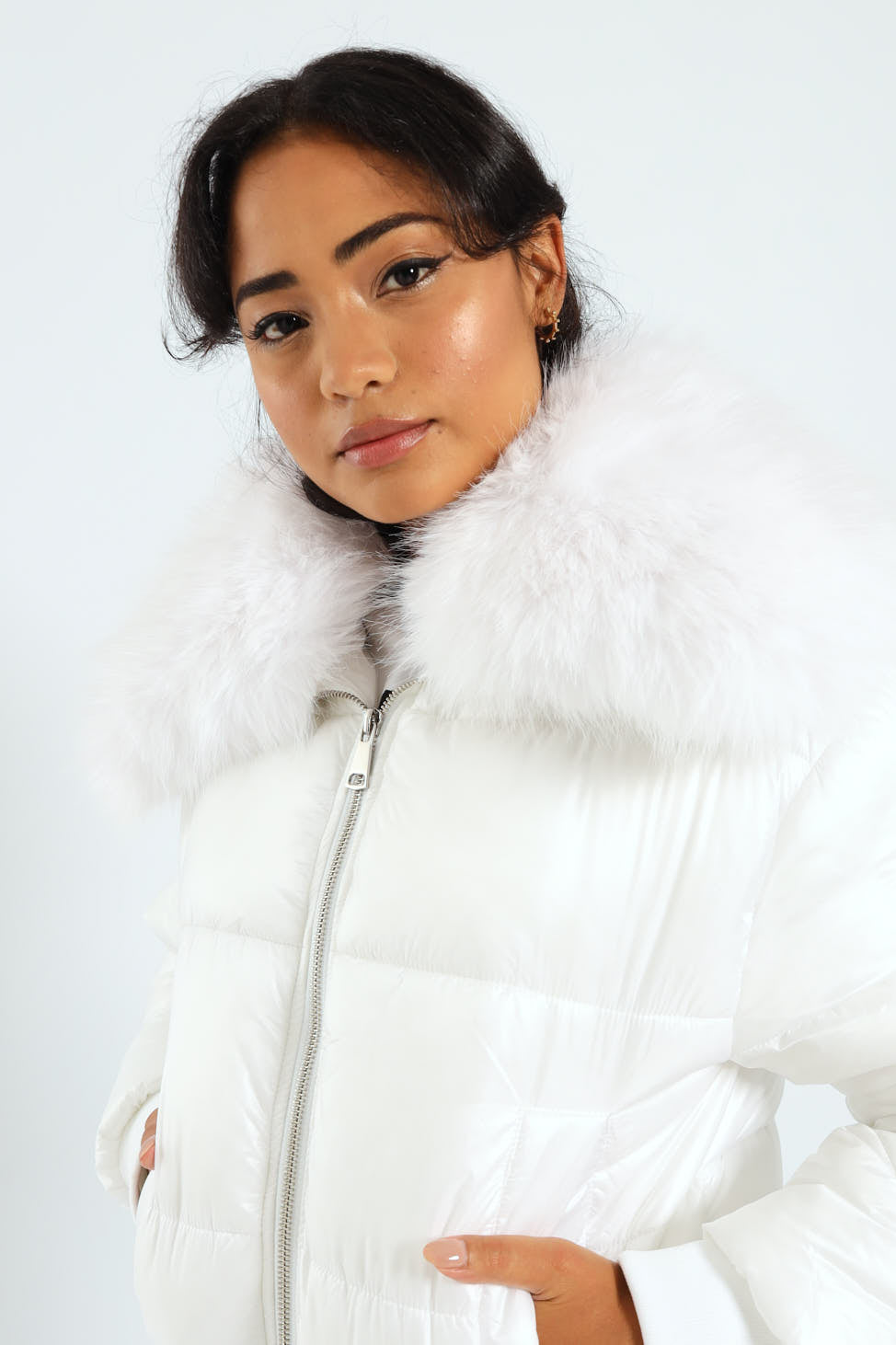 Roll With It Puffer Jacket With Fur Collar - White