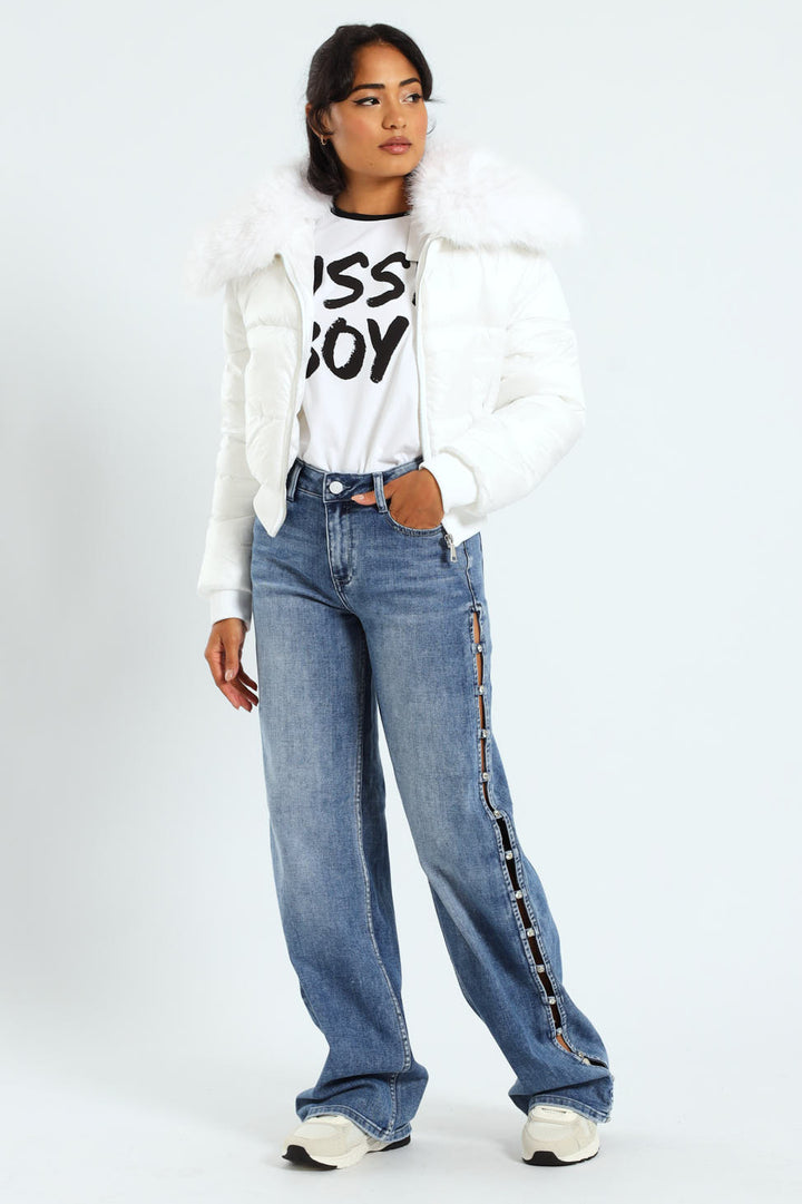 Bethany Mid Waist Wide Leg Jean With Diamante Detail - Med Wash