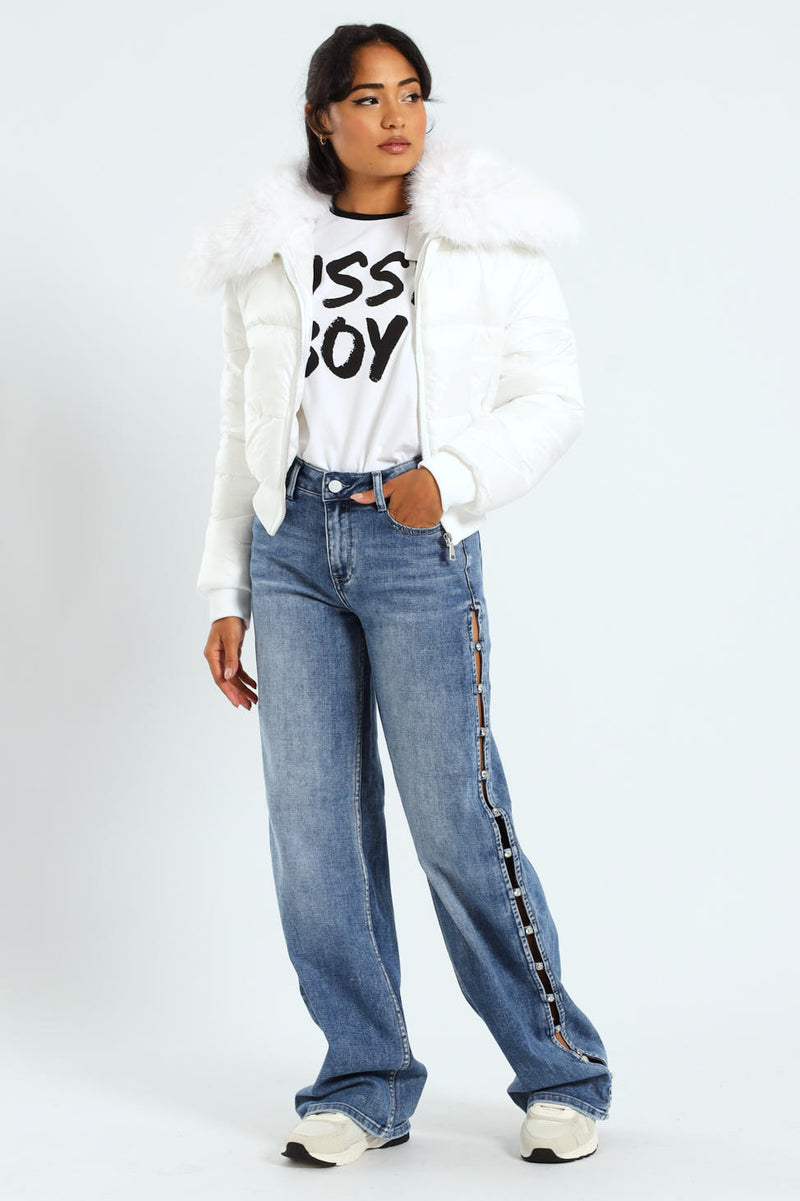 Bethany Mid Waist Wide Leg Jean With Diamante Detail - Med Wash