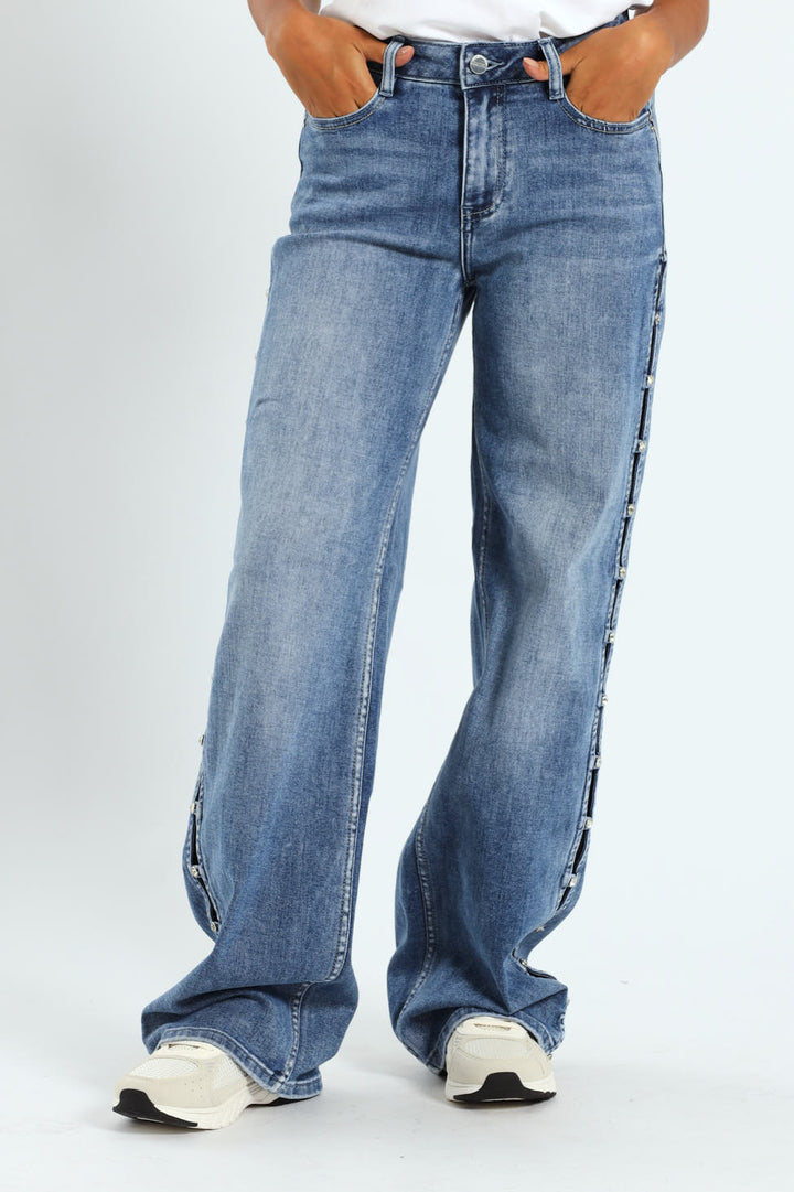 Bethany Mid Waist Wide Leg Jean With Diamante Detail - Med Wash