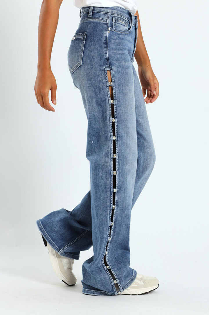 Bethany Mid Waist Wide Leg Jean With Diamante Detail - Med Wash