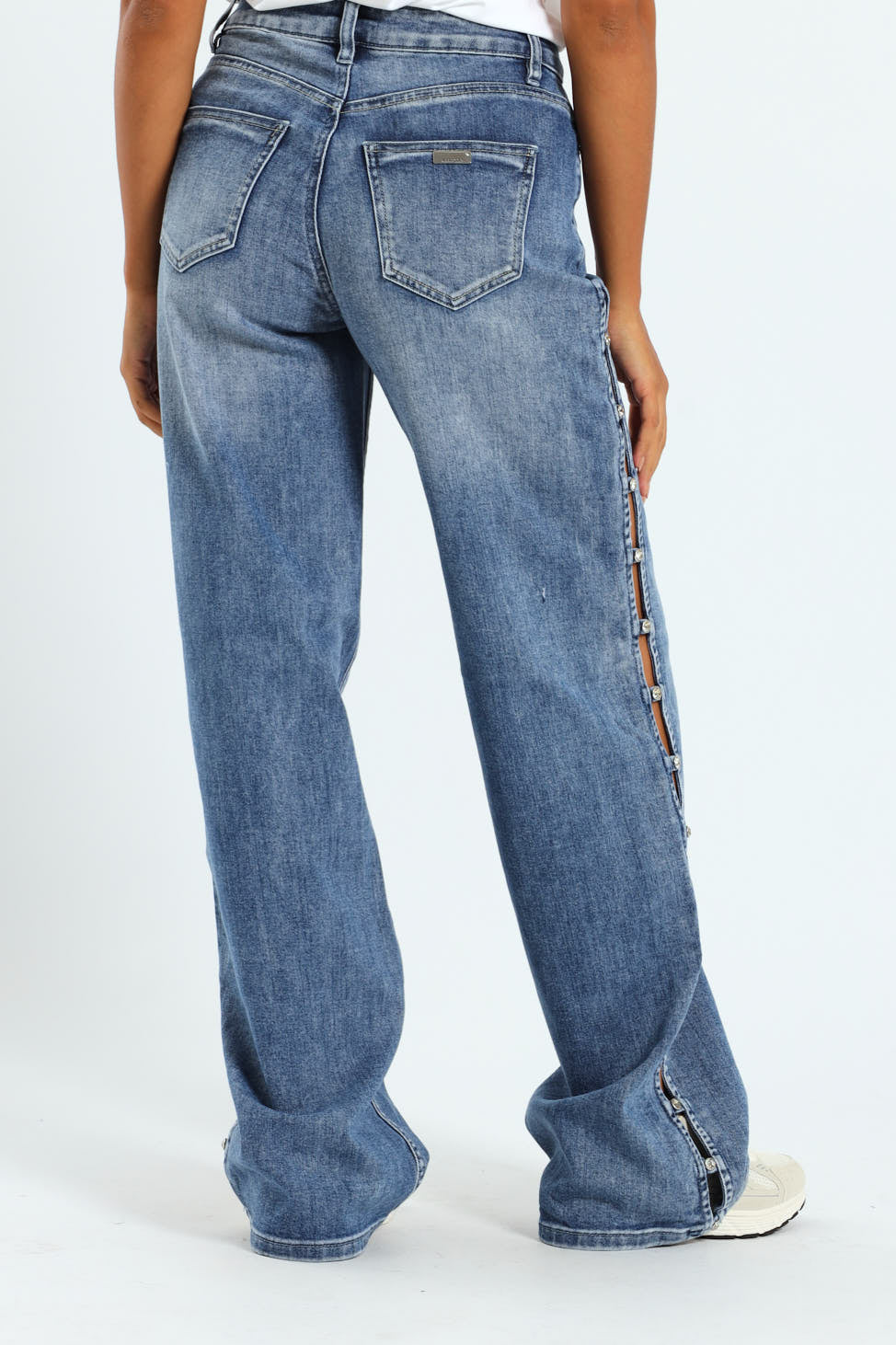 Bethany Mid Waist Wide Leg Jean With Diamante Detail - Med Wash