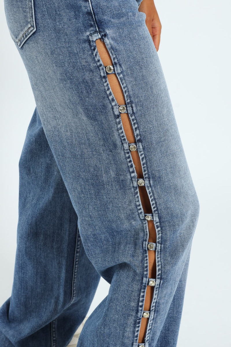 Bethany Mid Waist Wide Leg Jean With Diamante Detail - Med Wash
