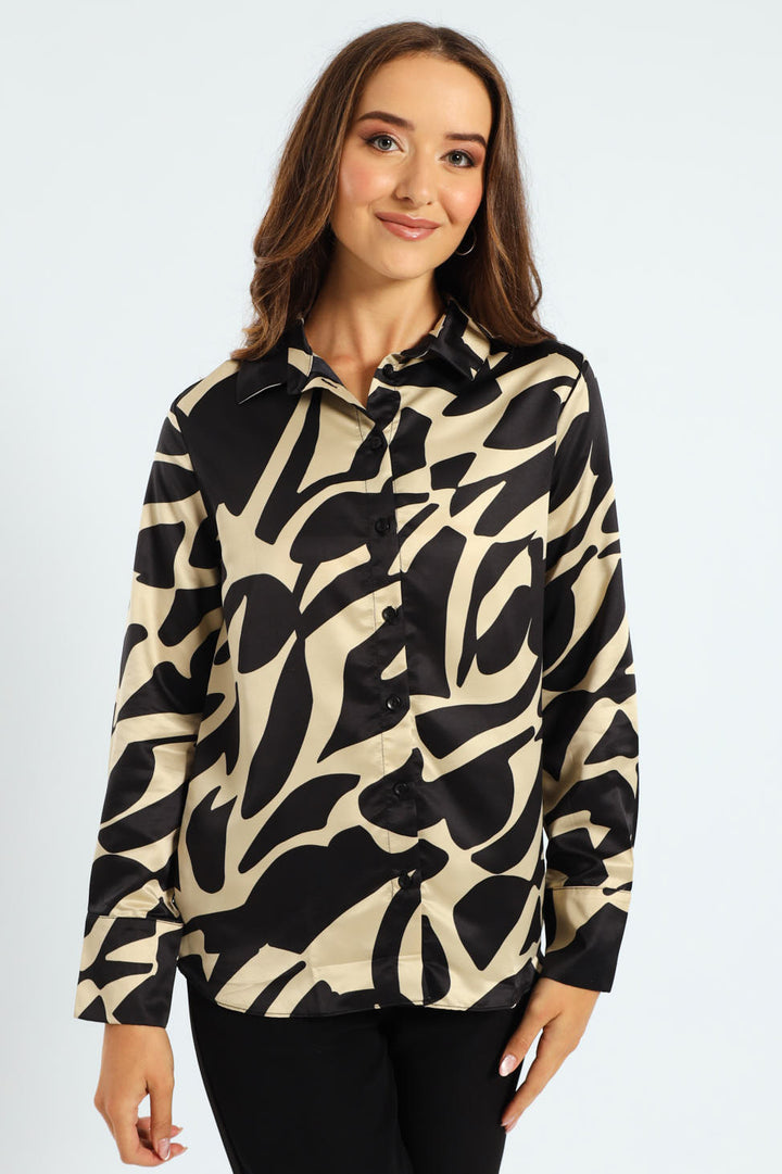 Abstract Monochrome Satin Shirt - Black/Cream