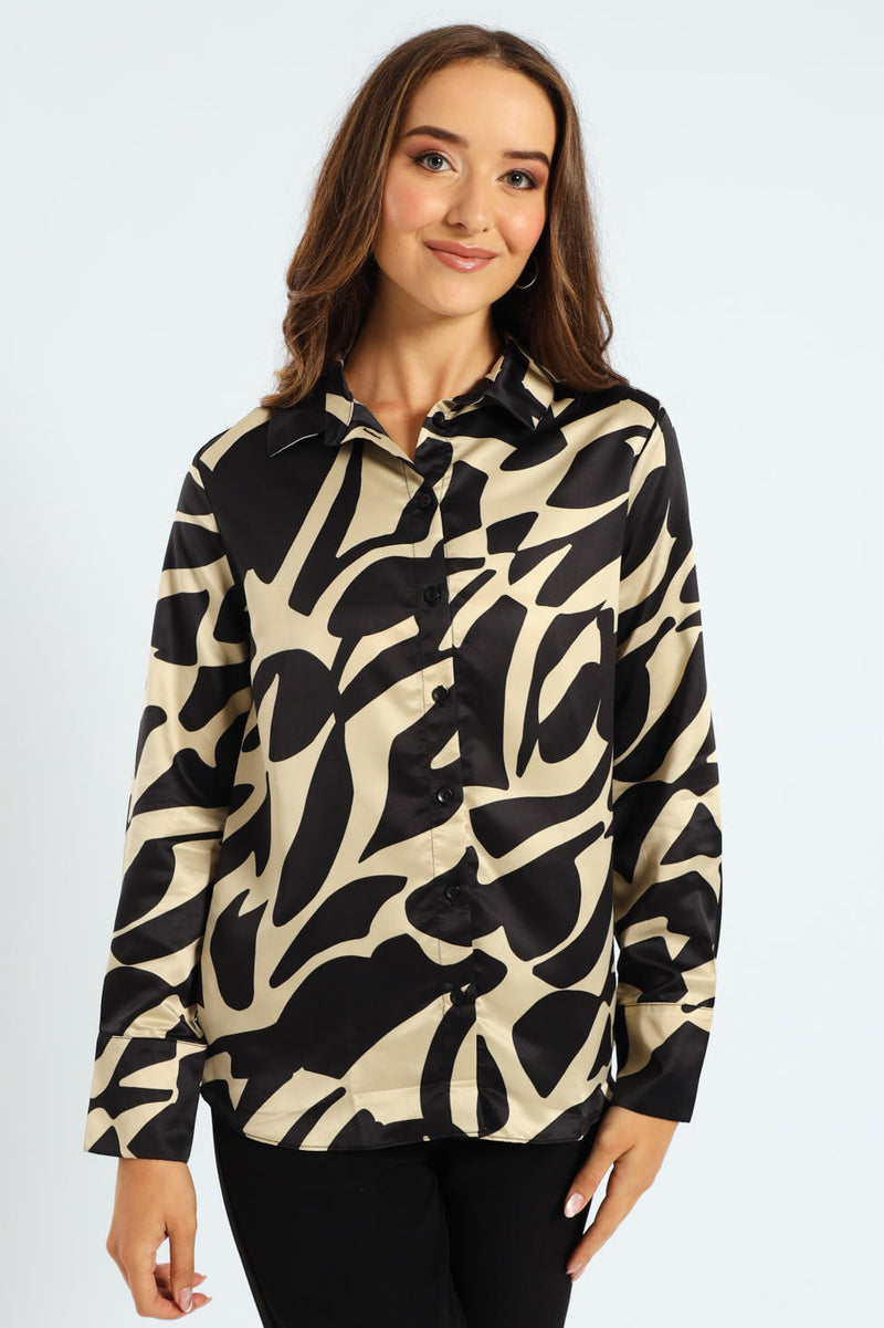 Abstract Monochrome Satin Shirt - Black/Cream