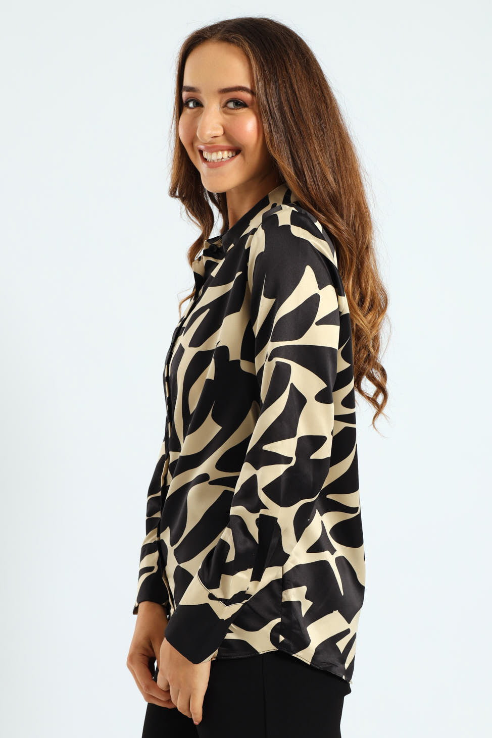 Abstract Monochrome Satin Shirt - Black/Cream