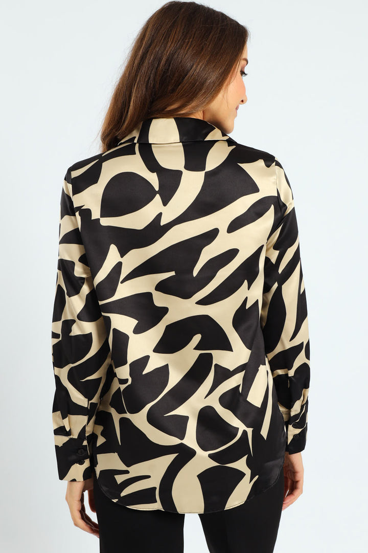 Abstract Monochrome Satin Shirt - Black/Cream