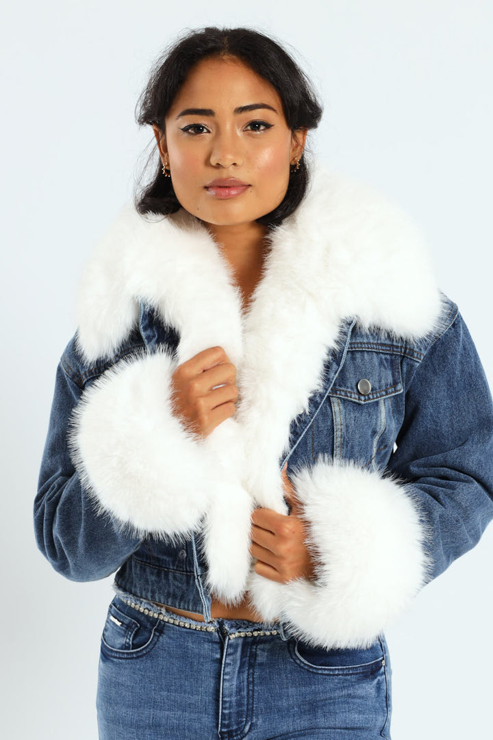 Imagine This Denim Cropped Jacket With Faux Fur Collar - Med Wash