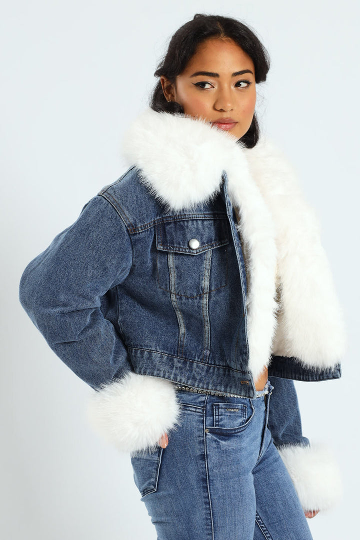 Imagine This Denim Cropped Jacket With Faux Fur Collar - Med Wash