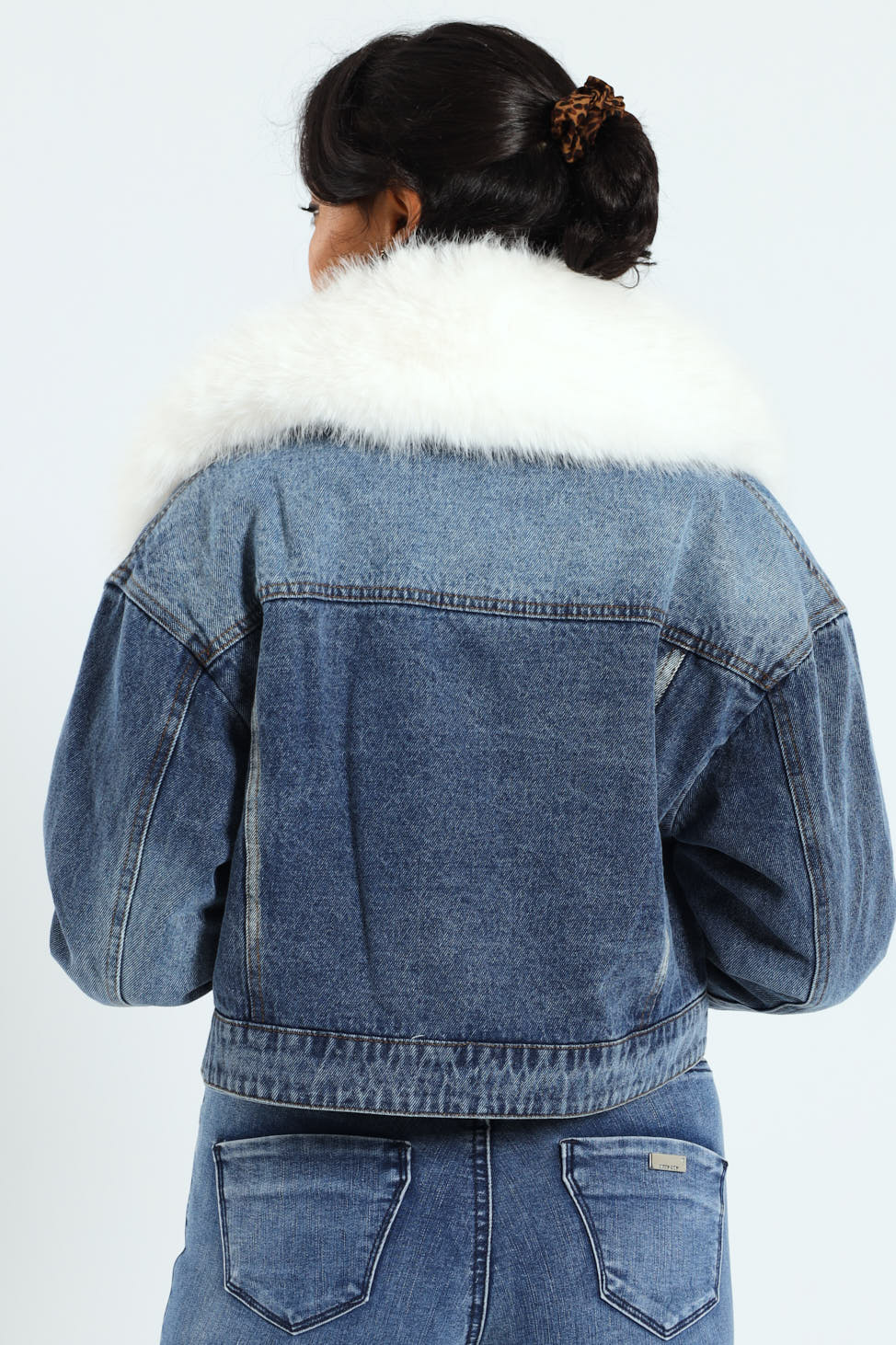 Imagine This Denim Cropped Jacket With Faux Fur Collar - Med Wash