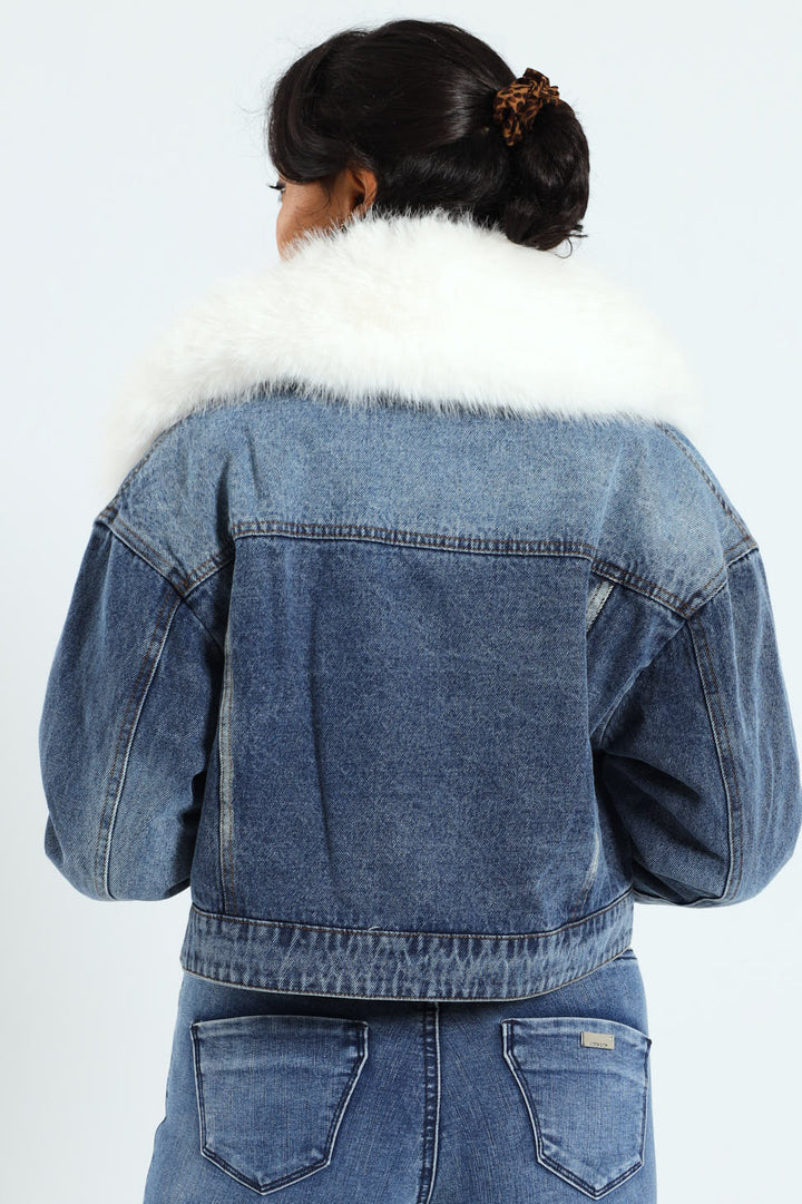 Imagine This Denim Cropped Jacket With Faux Fur Collar - Med Wash