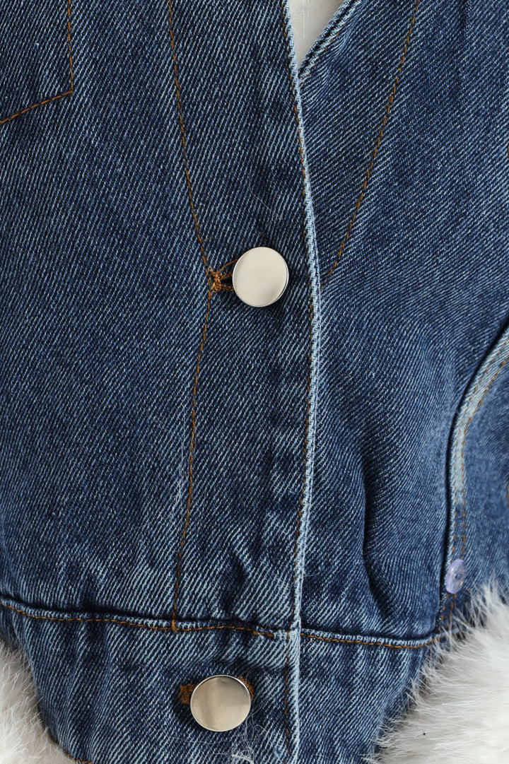 Imagine This Denim Cropped Jacket With Faux Fur Collar - Med Wash