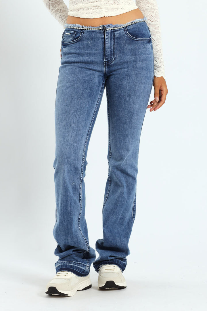 Nina Low Waist Flare Leg Jean With Diamante Waist - Med Wash