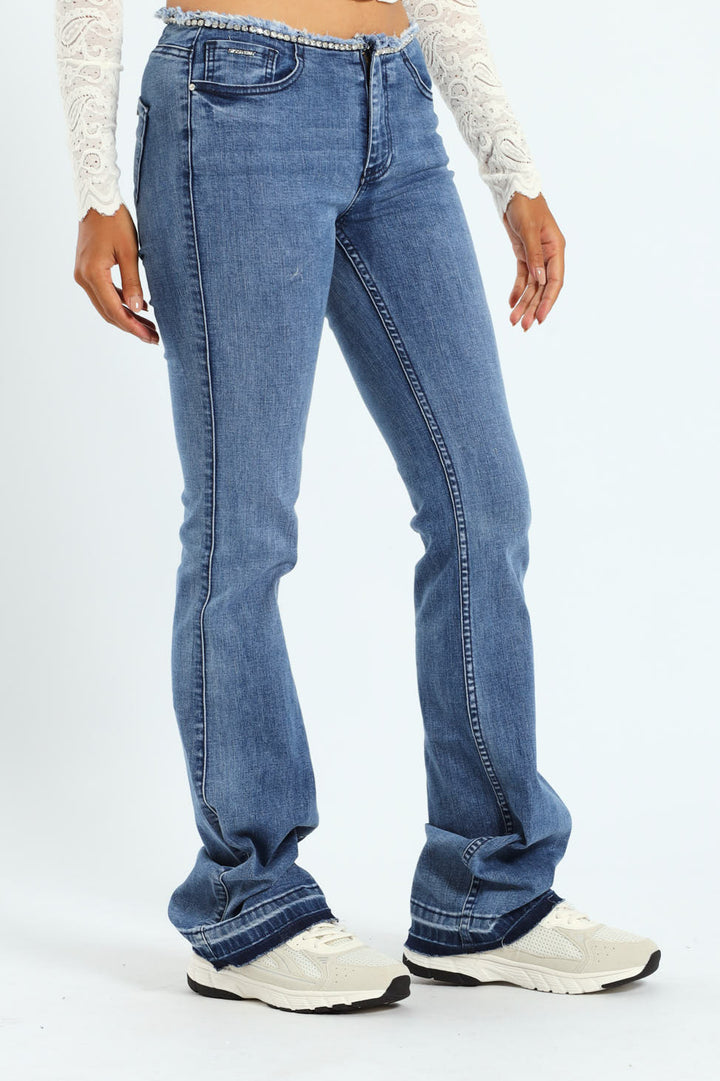 Nina Low Waist Flare Leg Jean With Diamante Waist - Med Wash