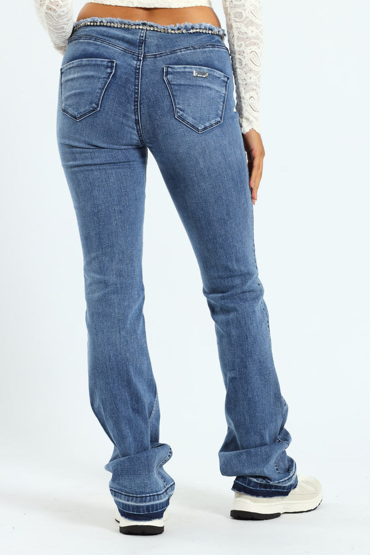 Nina Low Waist Flare Leg Jean With Diamante Waist - Med Wash