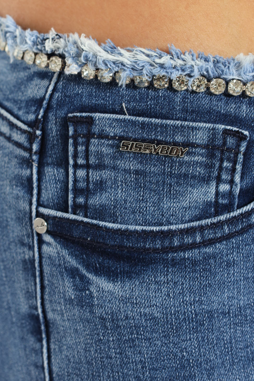 Nina Low Waist Flare Leg Jean With Diamante Waist - Med Wash