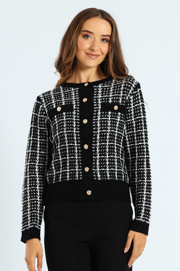 Boucle Textured Cardigan - Black/Cream
