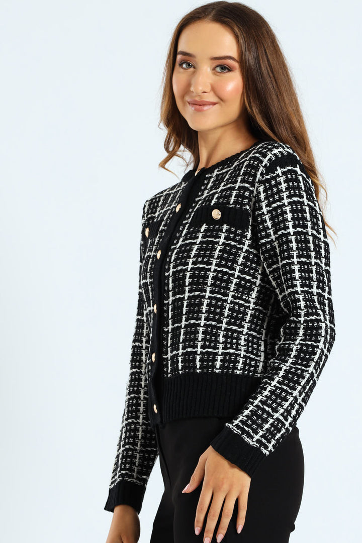 Boucle Textured Cardigan - Black/Cream