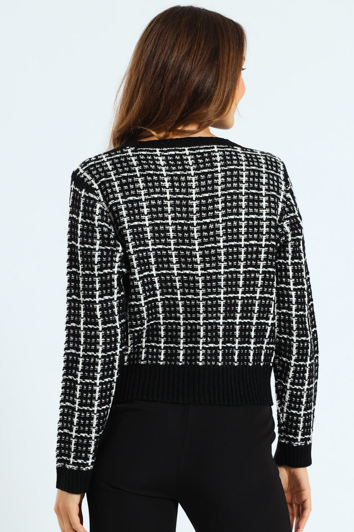 Boucle Textured Cardigan - Black/Cream