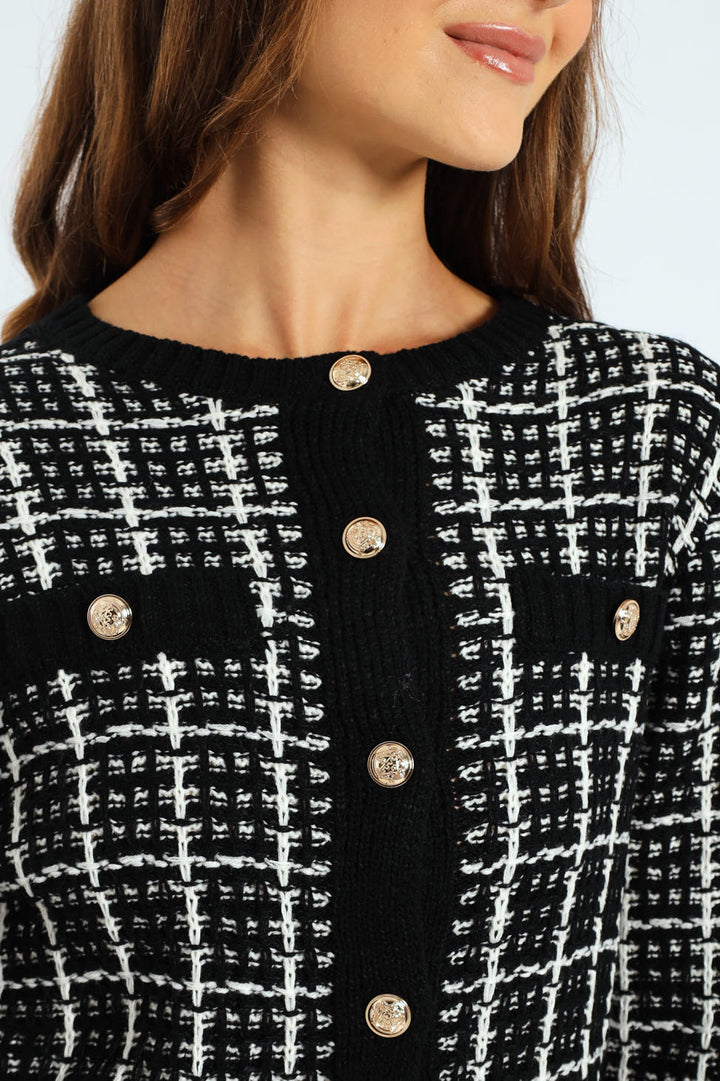 Boucle Textured Cardigan - Black/Cream