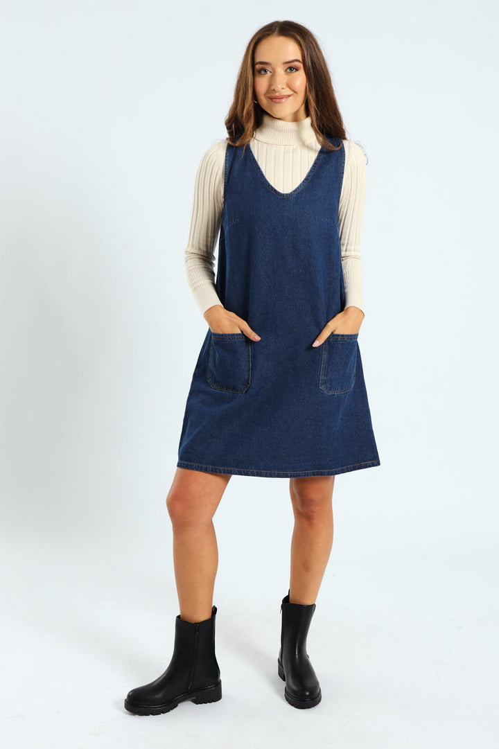 Mini Pinafore Dress - Dark Wash