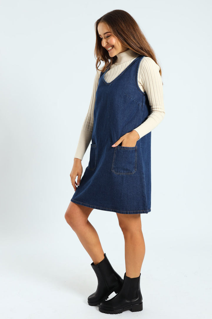 Mini Pinafore Dress - Dark Wash