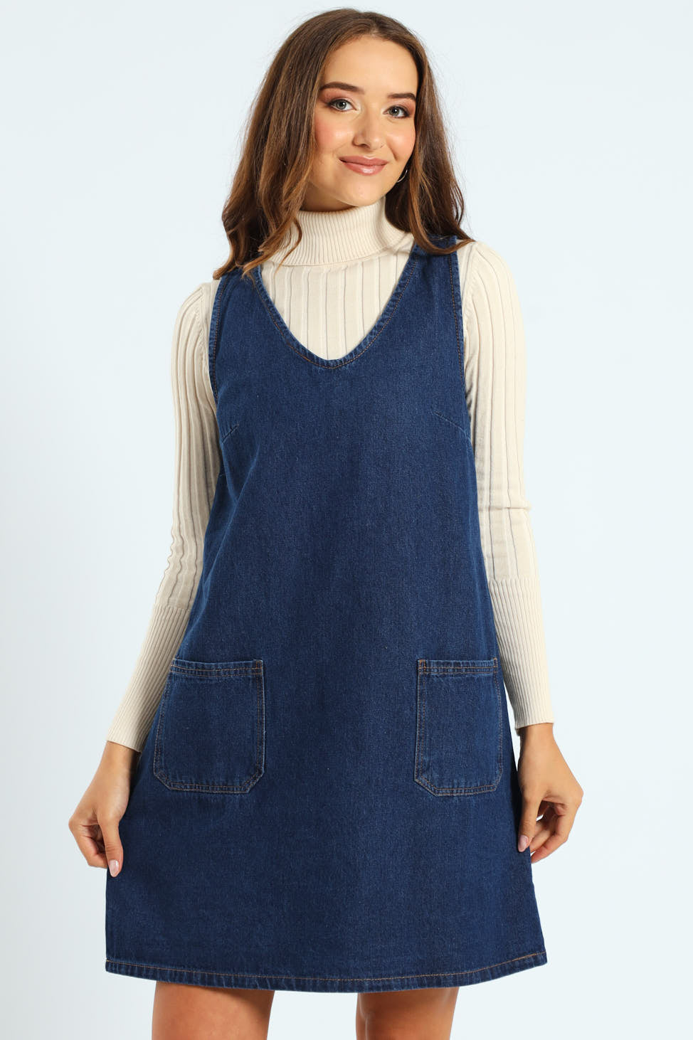 Mini Pinafore Dress - Dark Wash